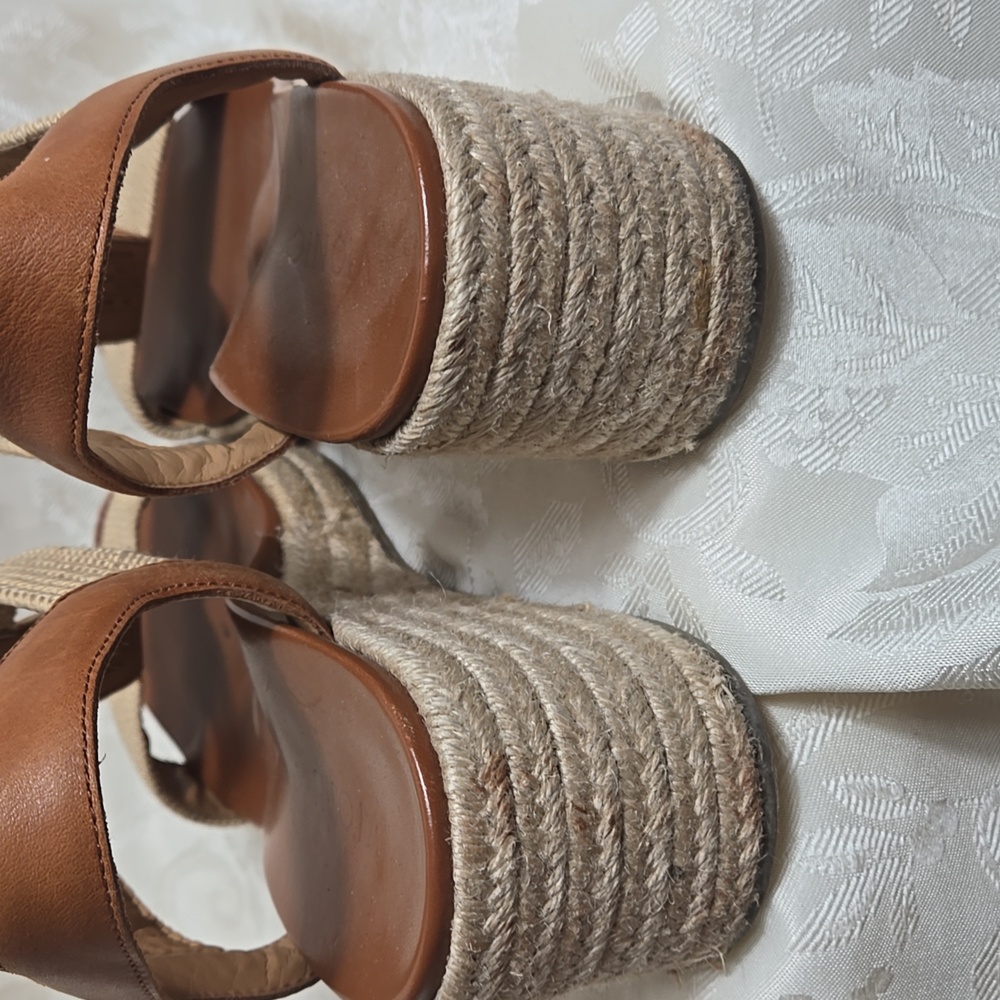 Vionic Brown Leather and Tan Raffia Fabric Wedge Sandals - Picture 6 of 11